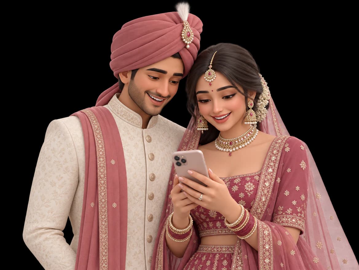 Illustrated bride and groom smiling at their invite on a phone
