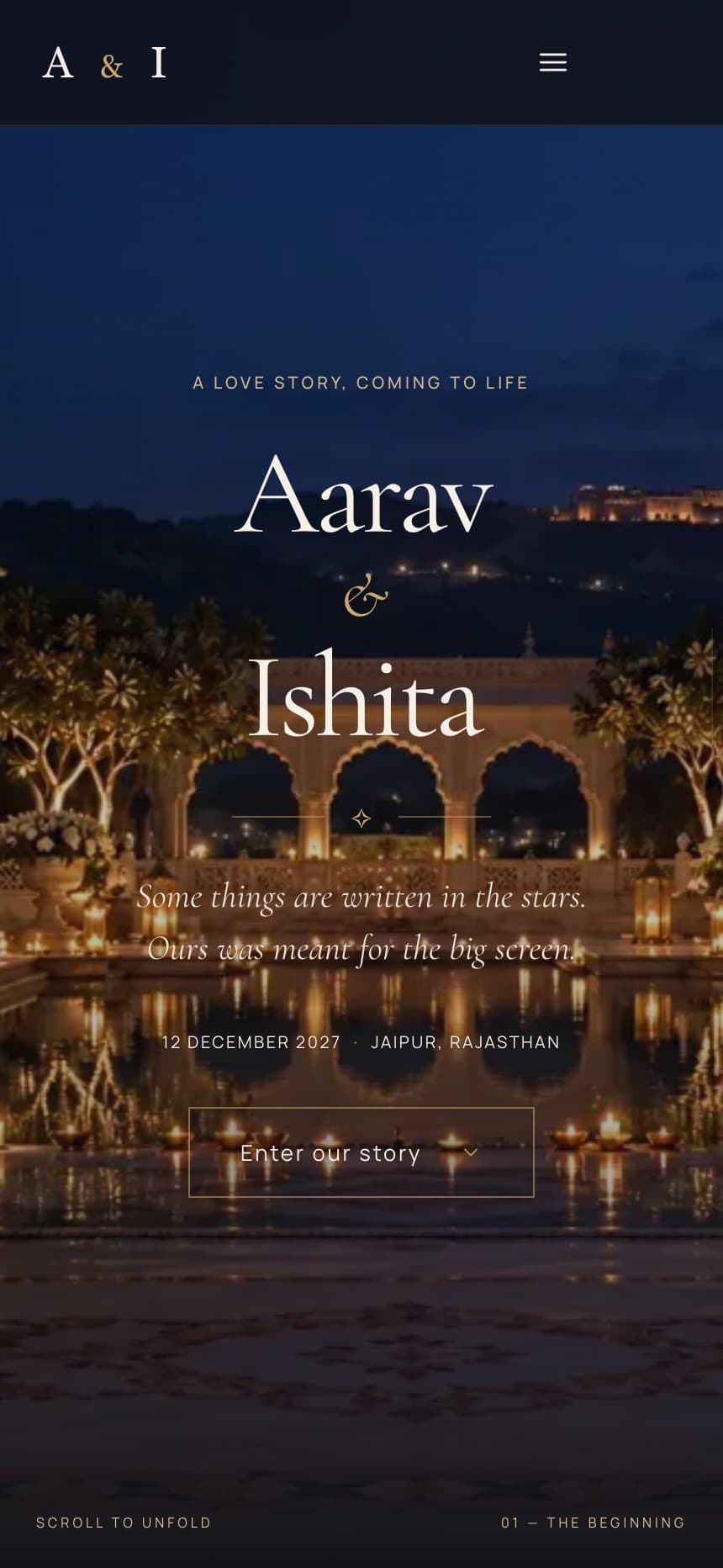 Cinematic Love Story wedding invitation for Aarav & Ishita