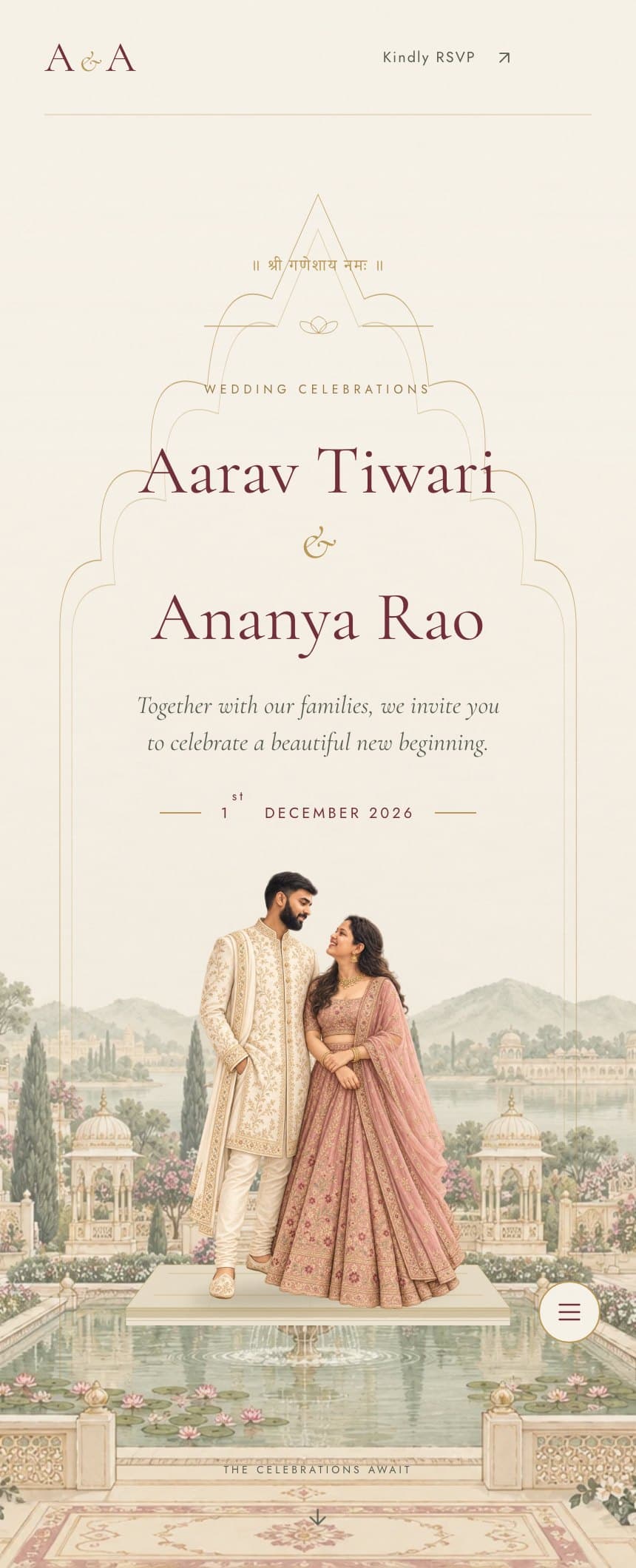 Jharokha wedding invitation template in Ivory & Maroon